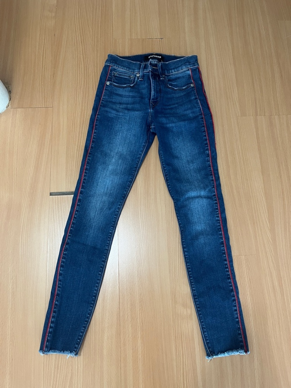 Express Women's Dark Blue Skinny Jeans with Red Side Stripe